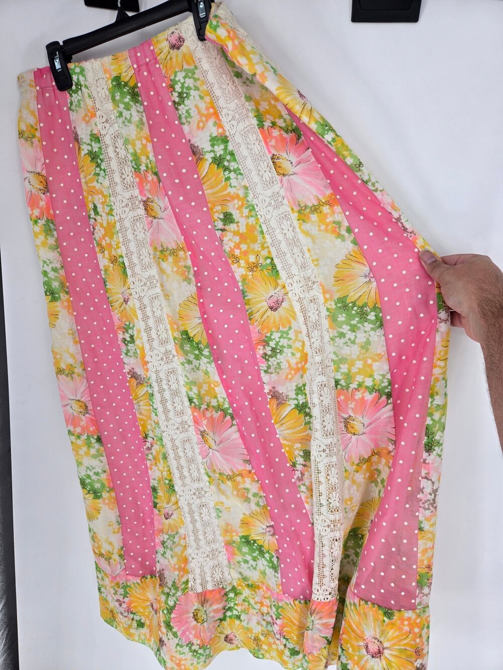Chessa Davis Quilted Sunflower Pink Polka Dot Crocheted Maxi Skirt